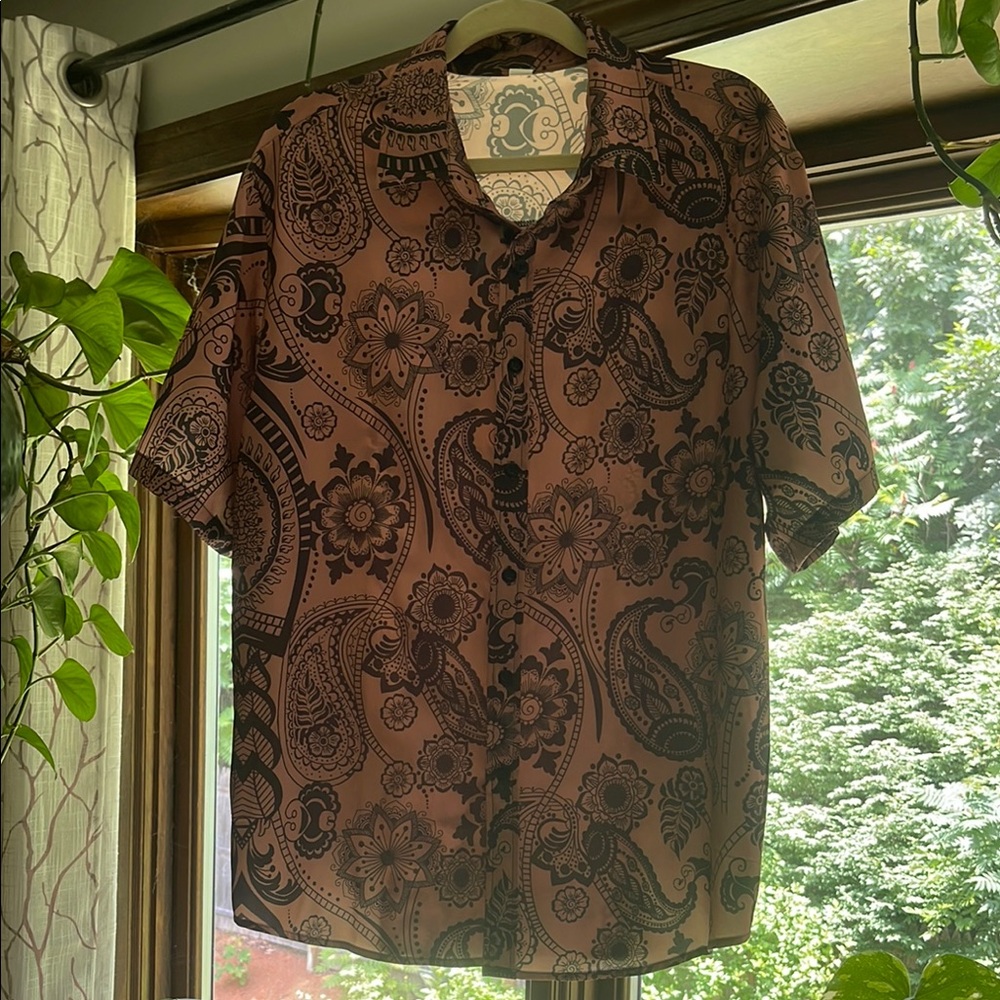 XL SHEIN Men's Short Sleeve Floral Paisley Shirt - Brown